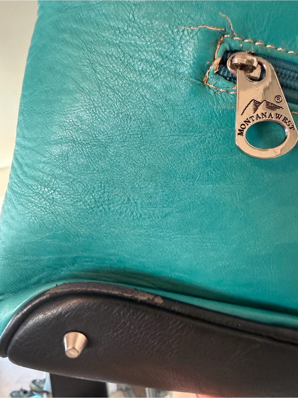 Turquoise Embroidered Shoulder Tote with Rhinestone Cross - Picture 7 of 7